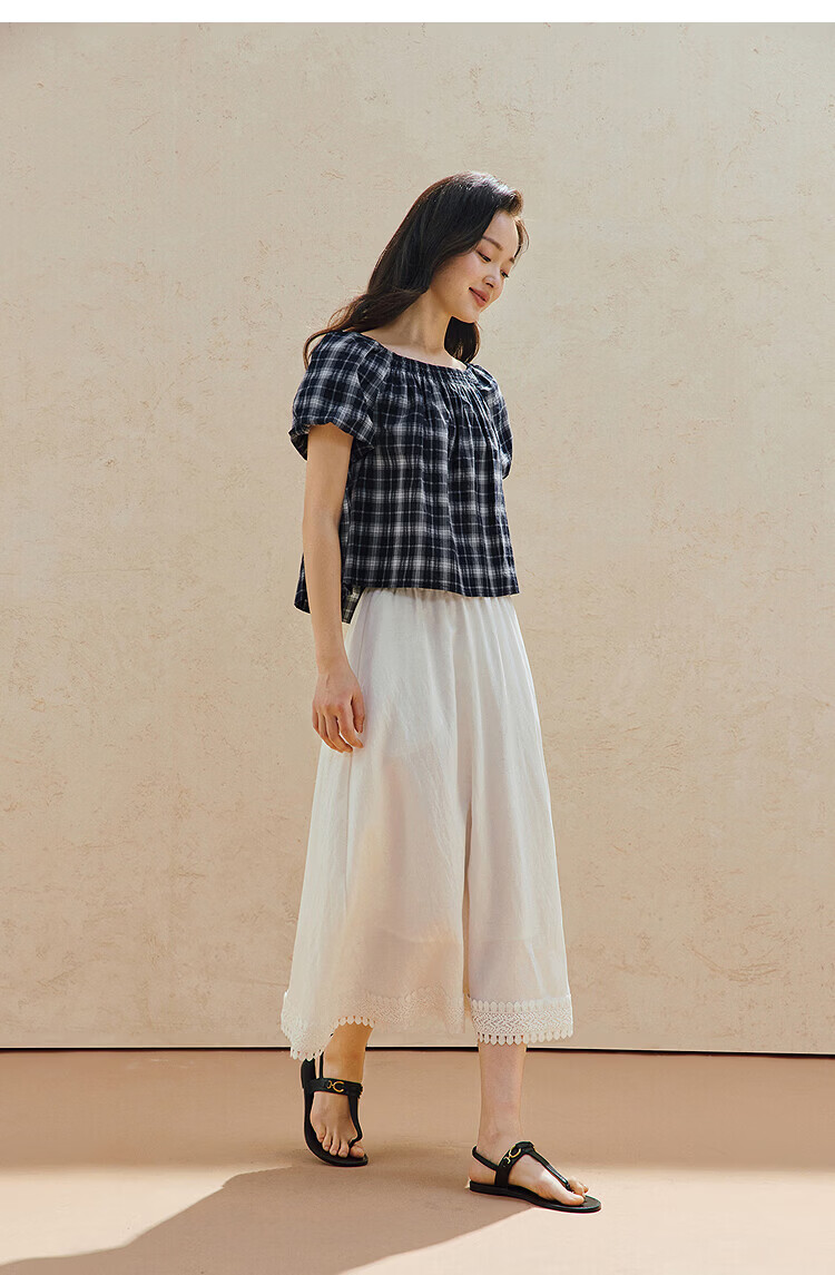 INMAN 100% Xinjiang Cotton Vintage Plaid Lantern Sleeve Shirt 2026 Summer Women's Off-Shoulder Top 13